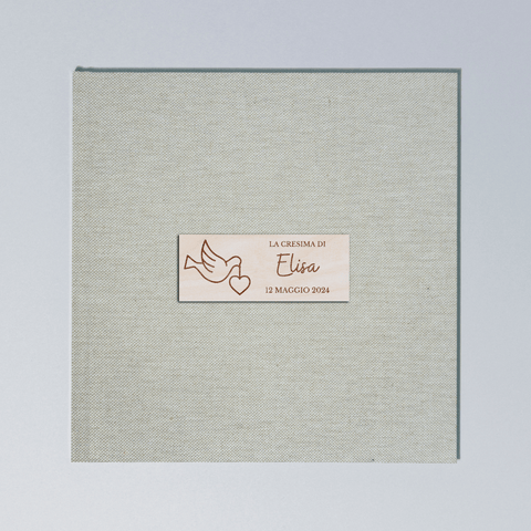 Album Portafoto Personalizzato 31 x31 con Copertina in Lino e Decorazione in Legno - Cresima - 80 pagine, 40 fogli