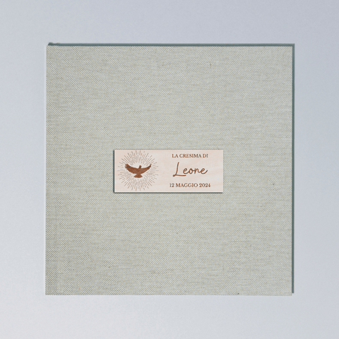 Album Portafoto Personalizzato 31 x31 con Copertina in Lino e Decorazione in Legno - Cresima - 80 pagine, 40 fogli