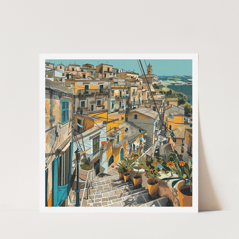 Stampa Talia - Città vecchia - Illustrazione 21 x 21