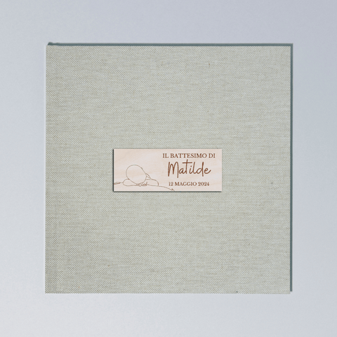 Album Portafoto Personalizzato 31 x31 con Copertina in Lino e Decorazione in Legno - Nascita, Battesimo - 80 pagine, 40 fogli
