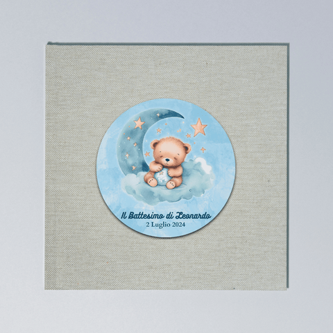 Album Portafoto Personalizzato 31 x31 con Copertina in Lino e Decorazione in Legno - Battesimo - 80 pagine, 40 fogli