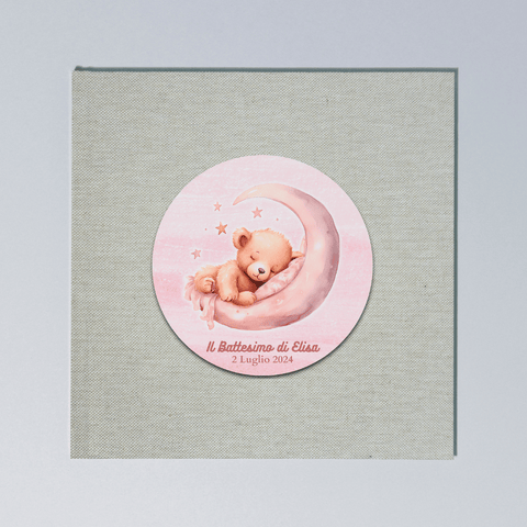 Album Portafoto Personalizzato 31 x31 con Copertina in Lino e Decorazione in Legno - Battesimo - 80 pagine, 40 fogli